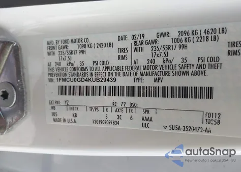 2019 Ford Escape Se из США, поврежденный, VIN 1FMCU0GD4KUB29439